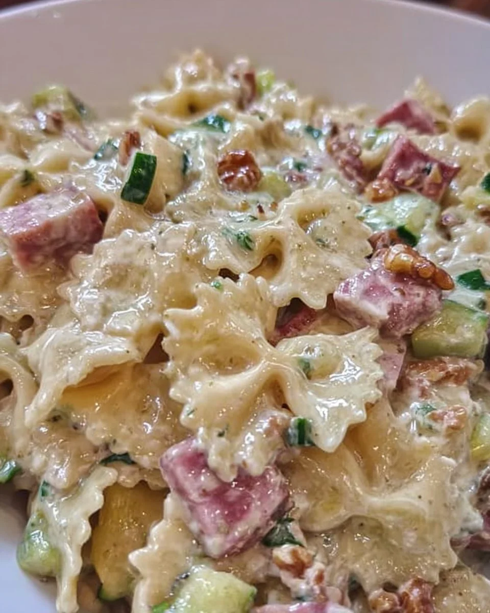 Farfalle con zucchine, prosciutto cotto, Philadelphia e noci in un piatto colorato