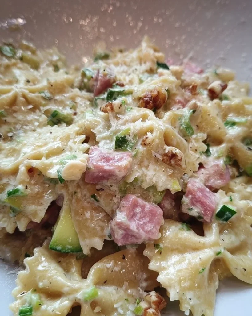 Farfalle con zucchine, prosciutto cotto, Philadelphia e noci in un piatto gourmet
