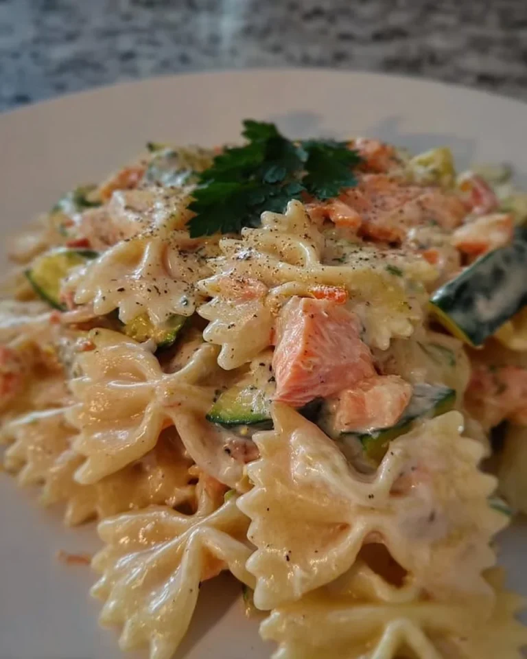 Farfallette con salmone fresco e zucchine in un piatto appetitoso.