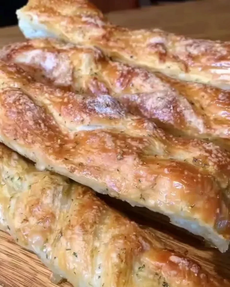 Filoncini di pane con cipolla appena sfornati, dorati e profumati.