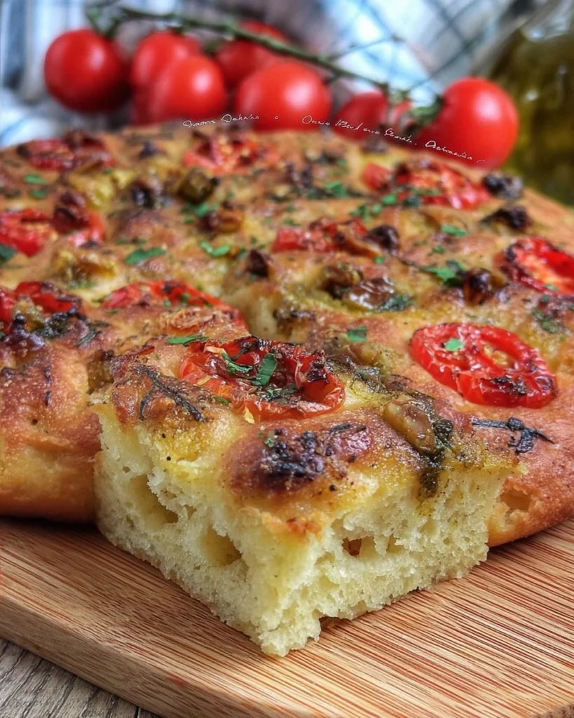 Focaccia Barese appena sfornata con pomodorini e olive.