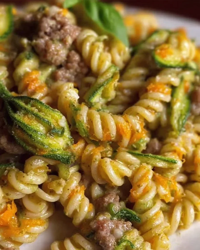 Piatto di fusilli con fiori di zucca, zucchine e salsiccia