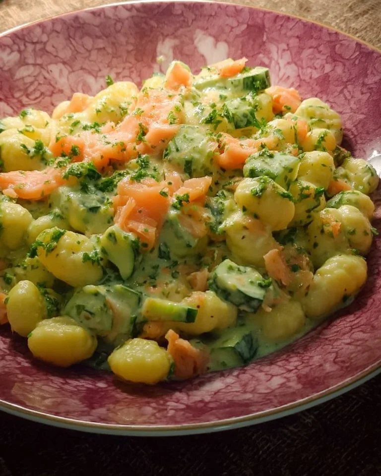 Gnocchetti zucchine e salmone affumicato in un piatto elegante