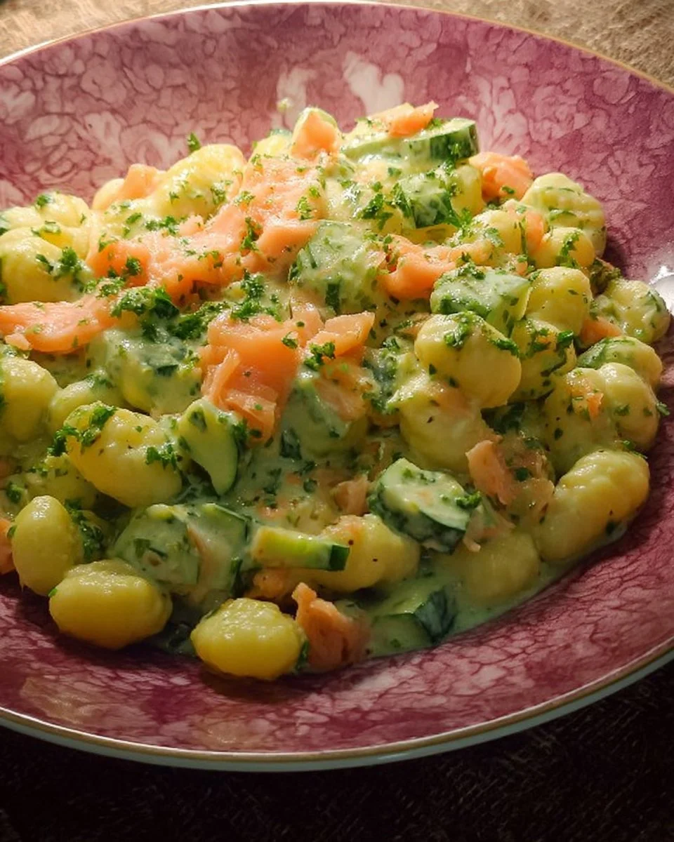 Gnocchetti zucchine e salmone affumicato in un piatto elegante