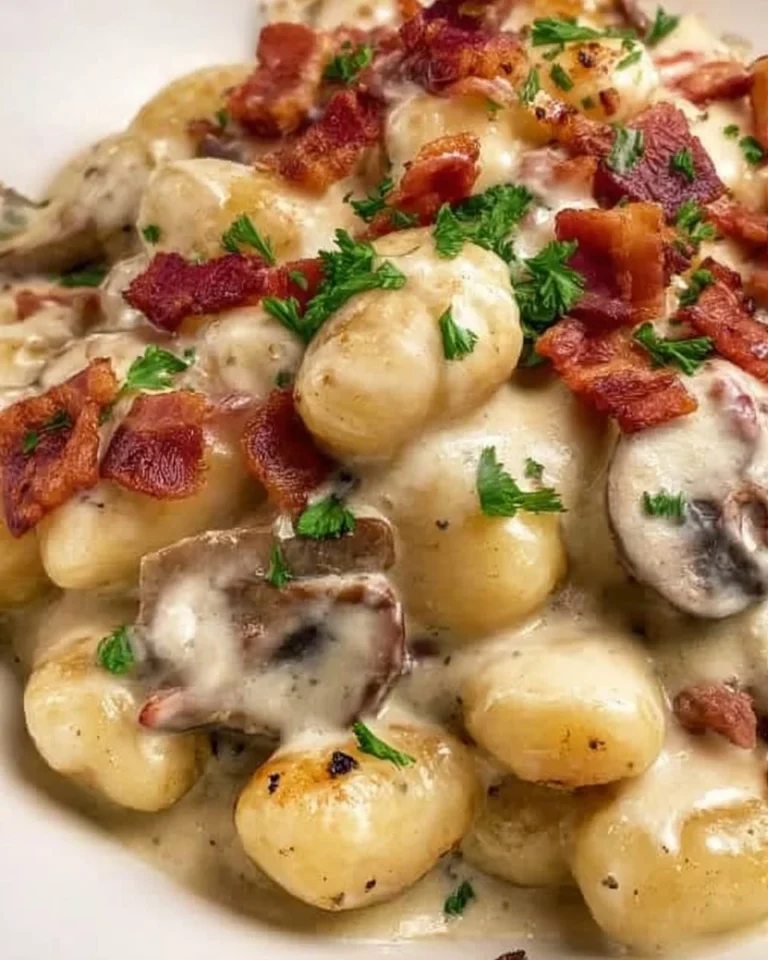 Gnocchi con crema al parmigiano, funghi e speck serviti in un piatto elegante.