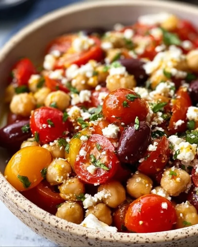 Insalata di ceci con pomodorini e feta su un piatto bianco.