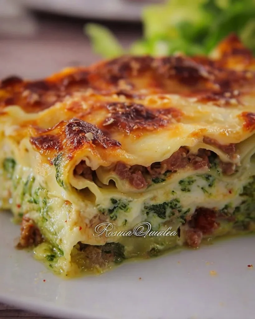 Una deliziosa lasagna fatta con strati di pasta, carne e salsa di pomodoro.