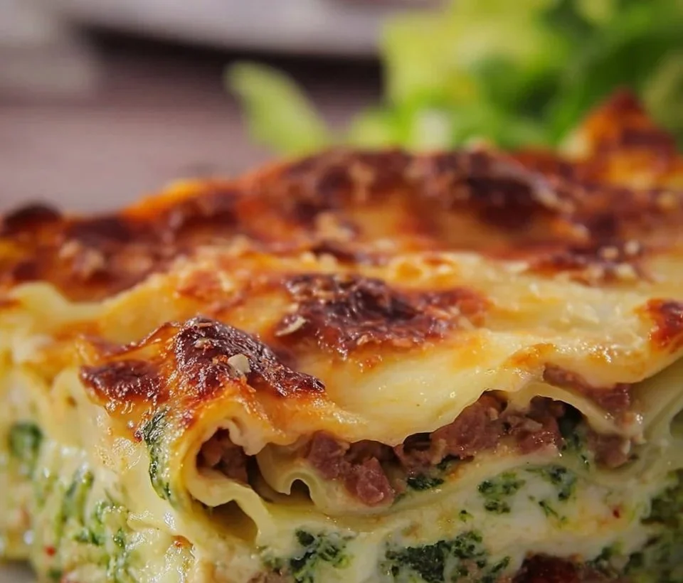 Una deliziosa lasagna fatta con strati di pasta, carne e salsa di pomodoro.