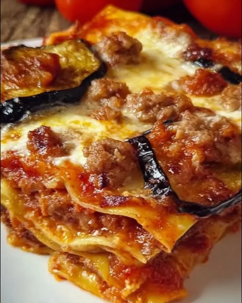 Lasagne salsicce melanzane e provola appena sfornata, pronta per essere servita.