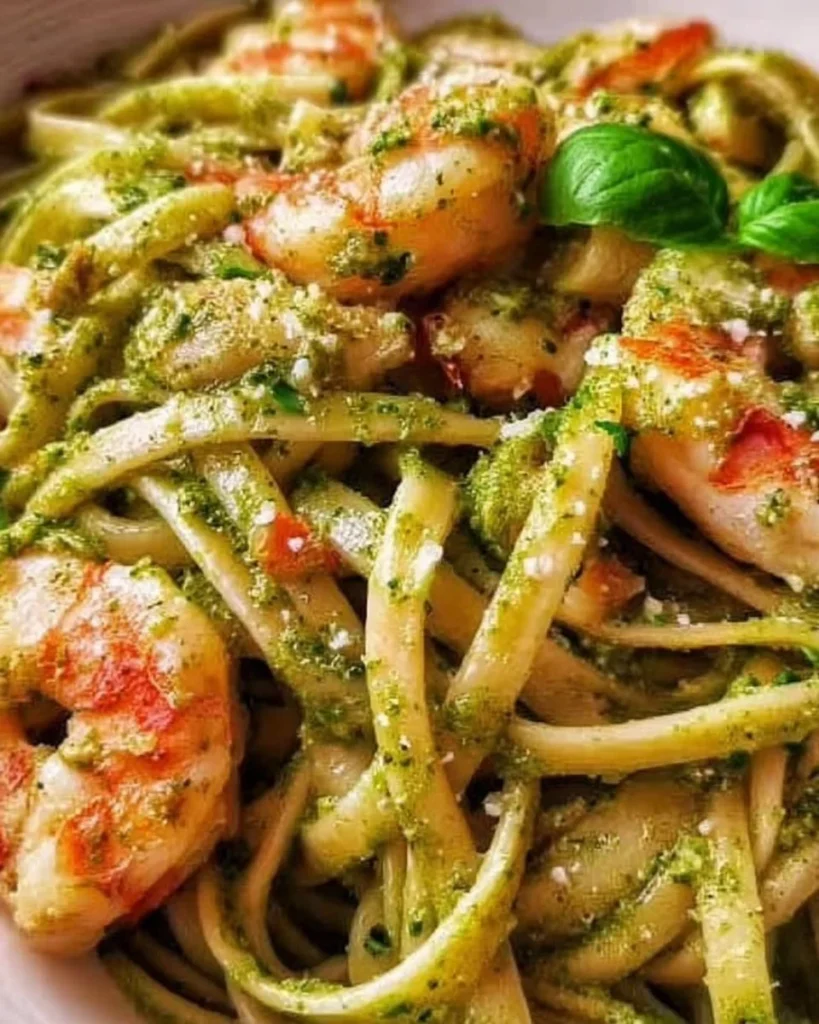 Piatto di Linguine al Pesto di Zucchine con Gamberone Scottato