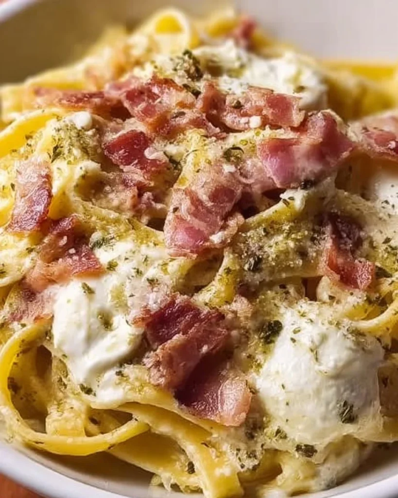 Piatto di linguine con pesto di pistacchio, mozzarella di bufala e pancetta.