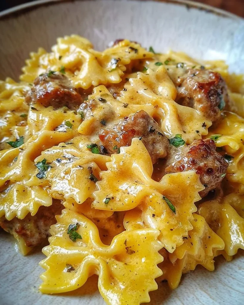 Piatto di farfalle salsiccia con panna e zafferano