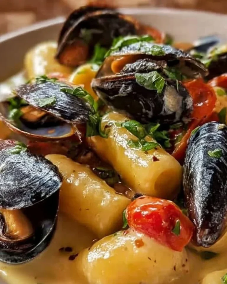 Piatto di mezze maniche con crema di patate e cozze, elegante e saporito.
