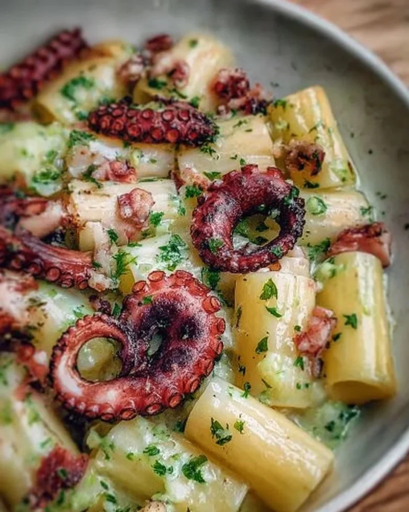 Piatto di Mezze Maniche con Polpo, Patate e Prezzemolo