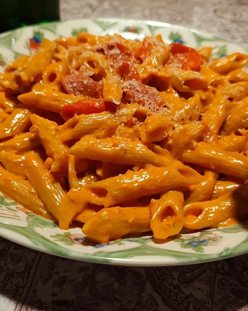 Piatto di mezze penne al baffo con salsa cremosa e spezie italiane.