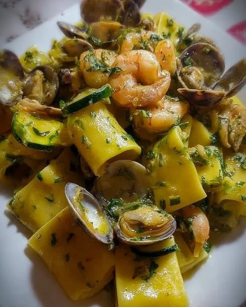 Mezzi paccheri con gamberetti, vongole e zucchine in un piatto gourmet