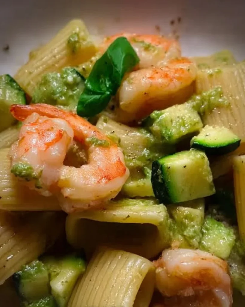 Mezzi paccheri con gamberi e zucchine in un piatto rustico