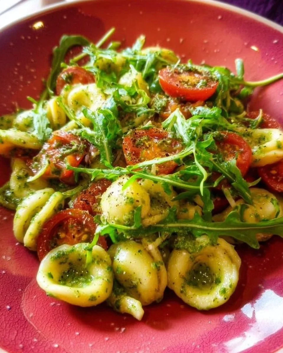 Orecchiette con pomodorini datterini e pesto di rucola servite in un piatto