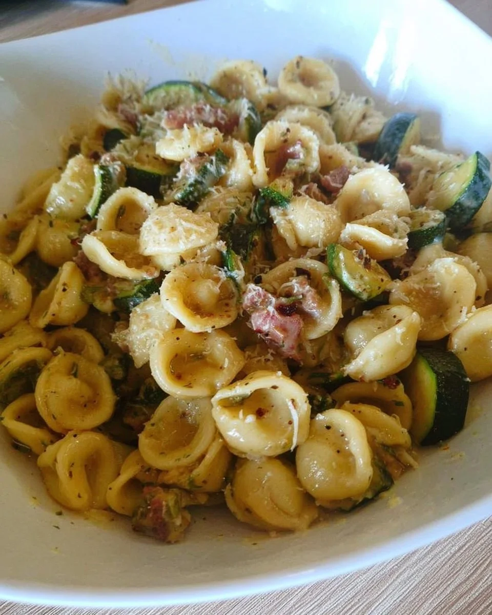 Orecchiette con zucchine saltate in padella servite su un piatto
