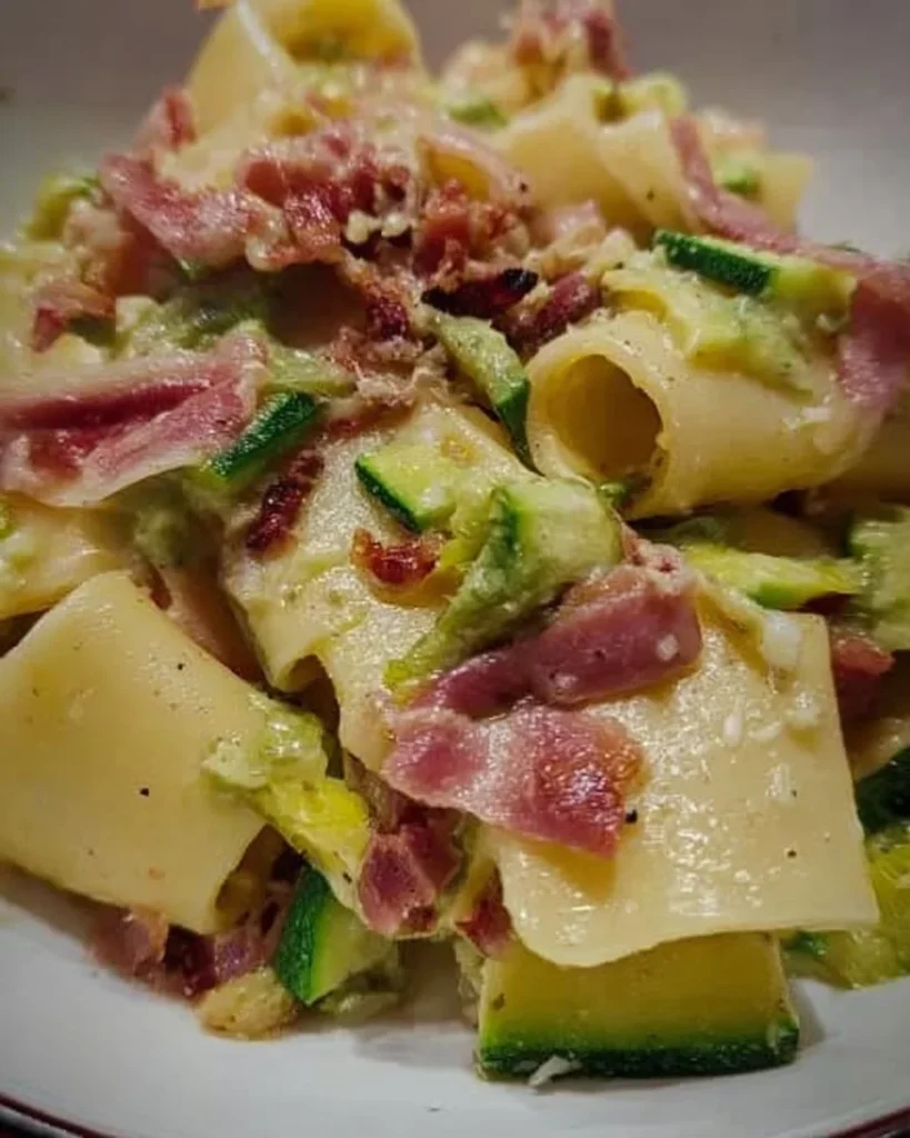 Paccheri alla carbonara con speck e zucchine, un piatto italiano delizioso