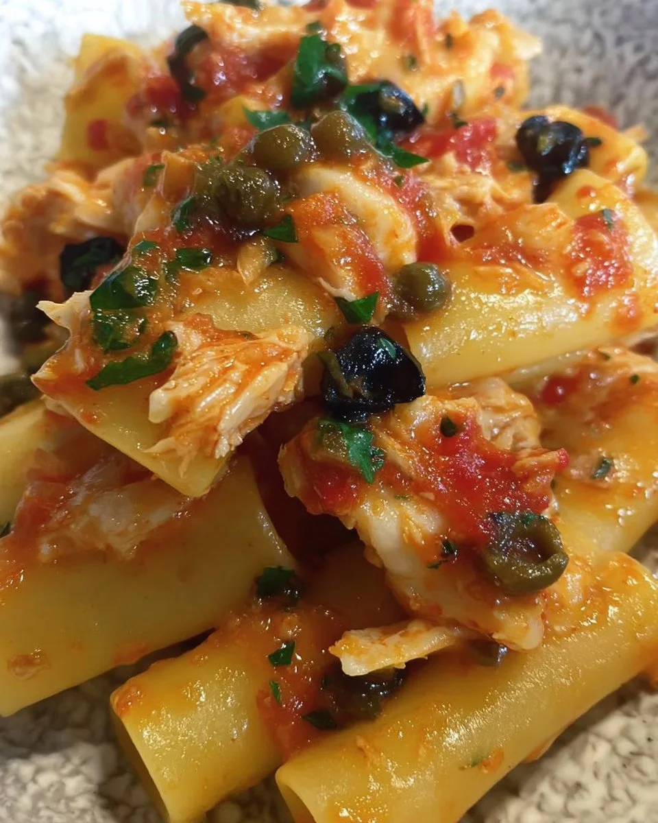 Paccheri con baccalà, olive nere e capperi: un piatto tradizionale italiano.
