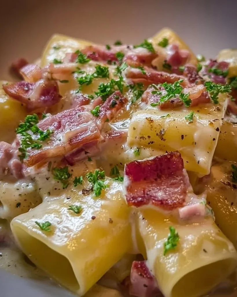 Paccheri con crema di patate e pancetta sul piatto gourmet.
