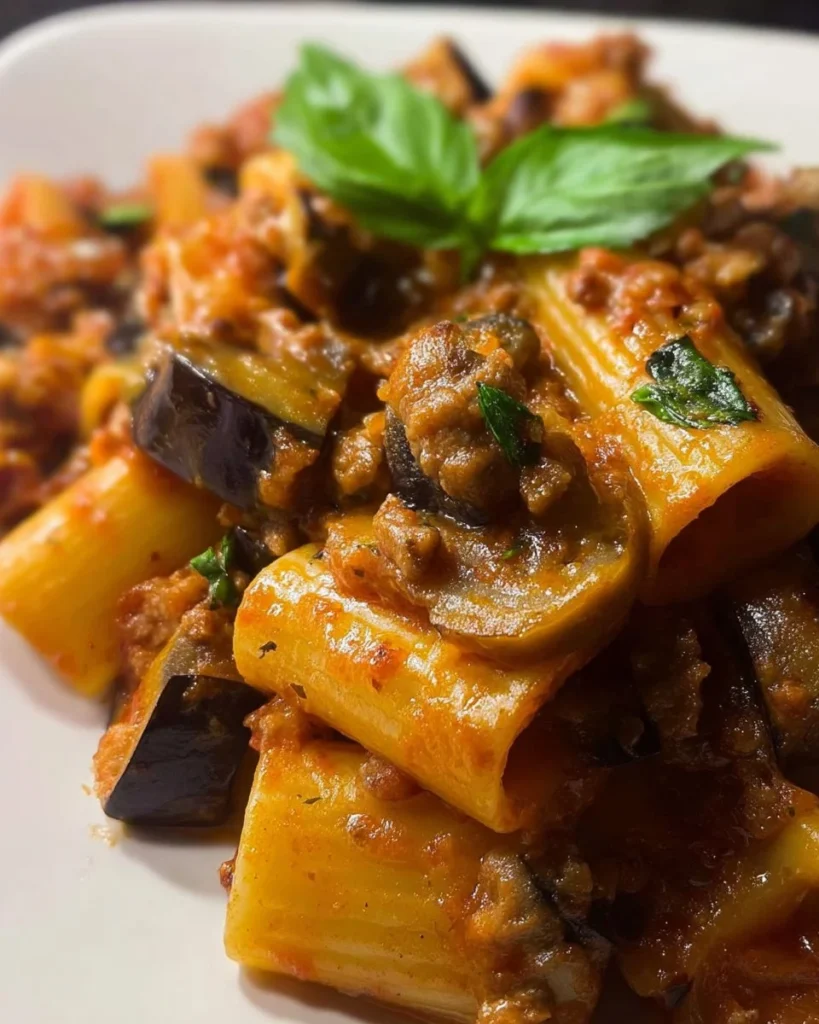 Paccheri con melanzane e salsiccia serviti in un piatto