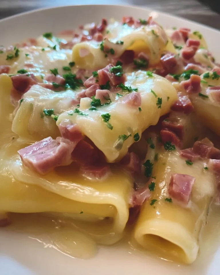 Paccheri con crema di patate e bacon serviti in un piatto bianco