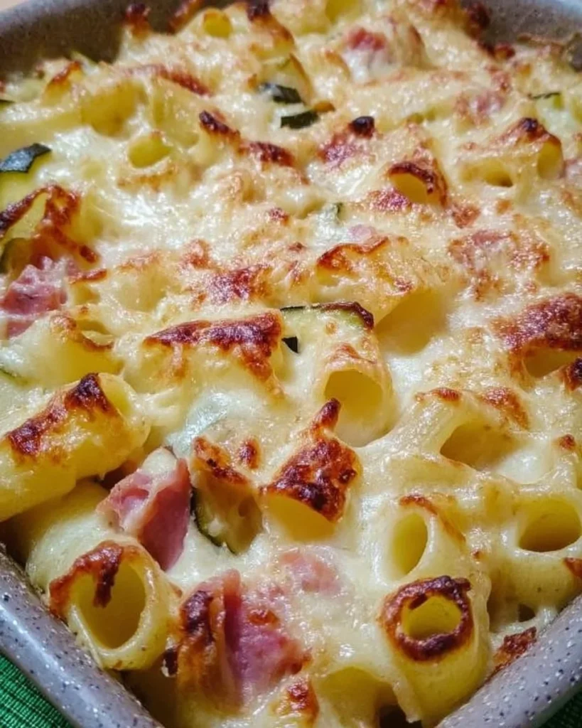 Pasta al forno con zucchine, cotto e galbanino, un piatto ricco e gustoso.
