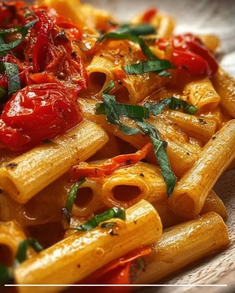Pasta allo Scarpariello servita con pomodori freschi e basilico