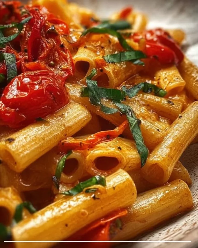 Pasta allo Scarpariello servita con pomodori freschi e basilico