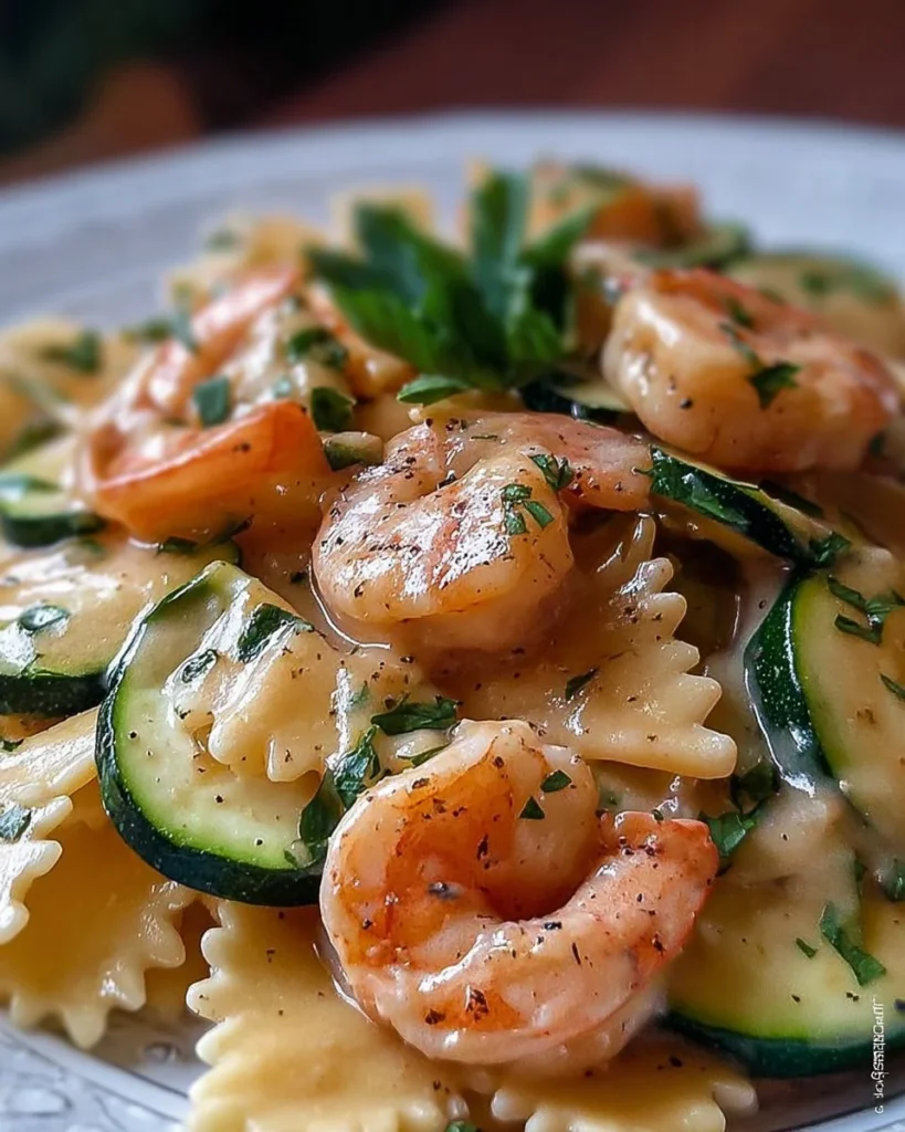 Pasta Cremosa con zucchine, gamberi e Philadelphia in un piatto elegante