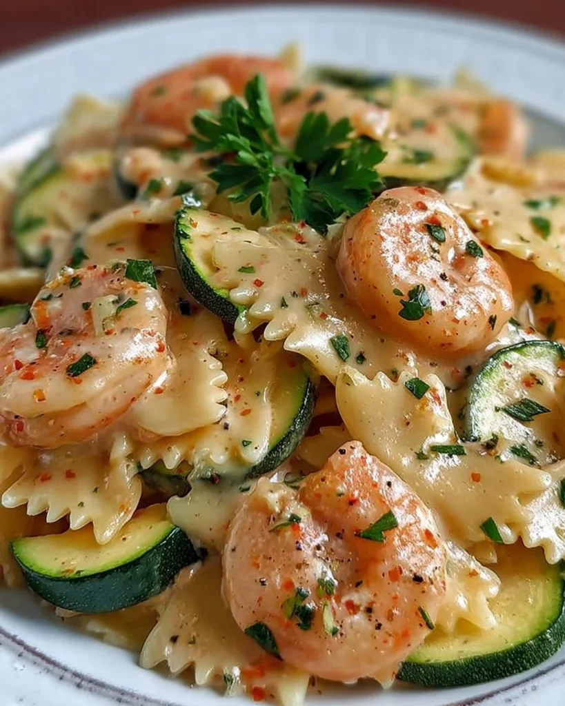 Pasta Cremosa con Zucchine, Gamberi e Philadelphia in un piatto elegante