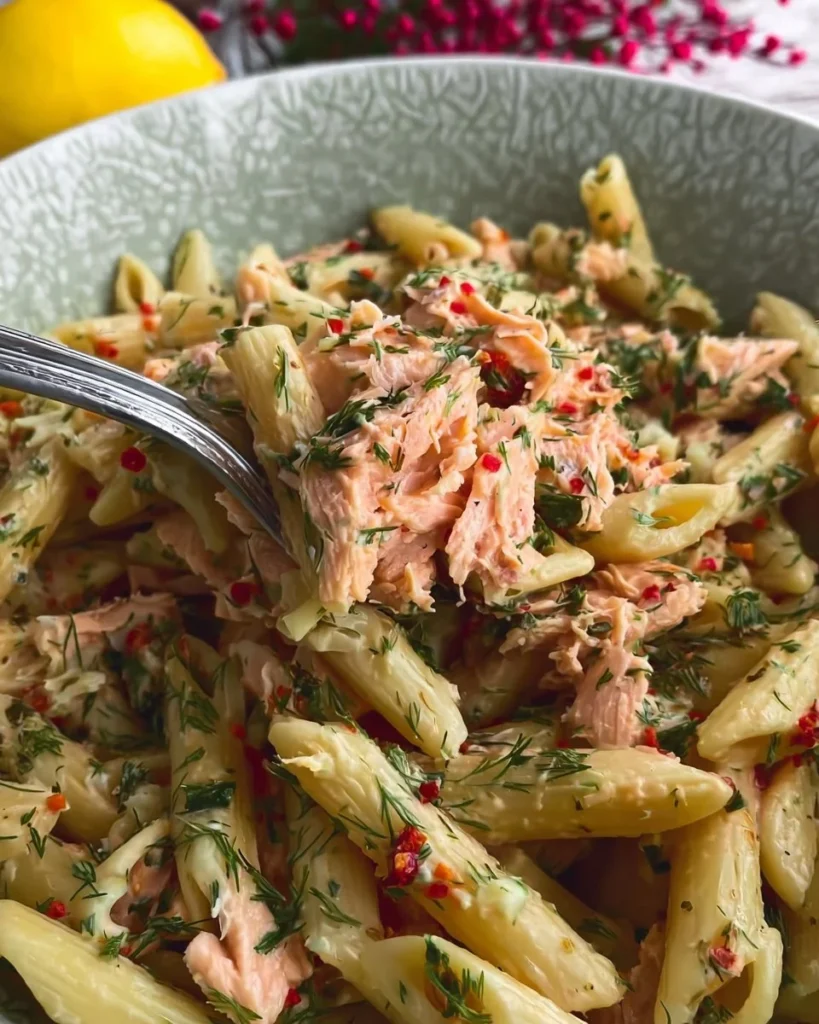 Pasta Fredda Salmone e Limone pronta da servire in un piatto colorato.