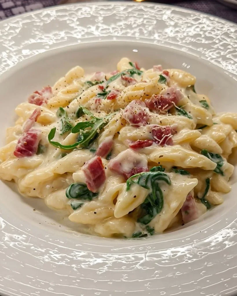 Pasta con crema di patate, rucola e speck su un piatto