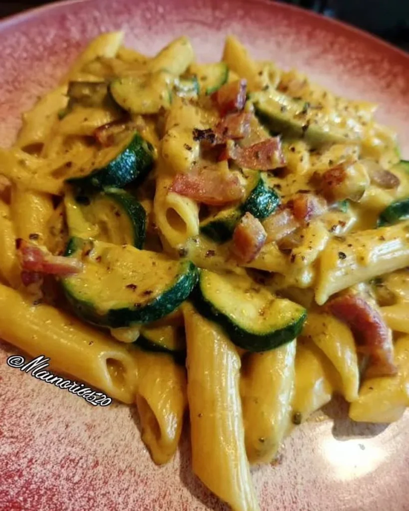 Penne finta carbonara con zucchine, un piatto italiano cremoso e saporito.