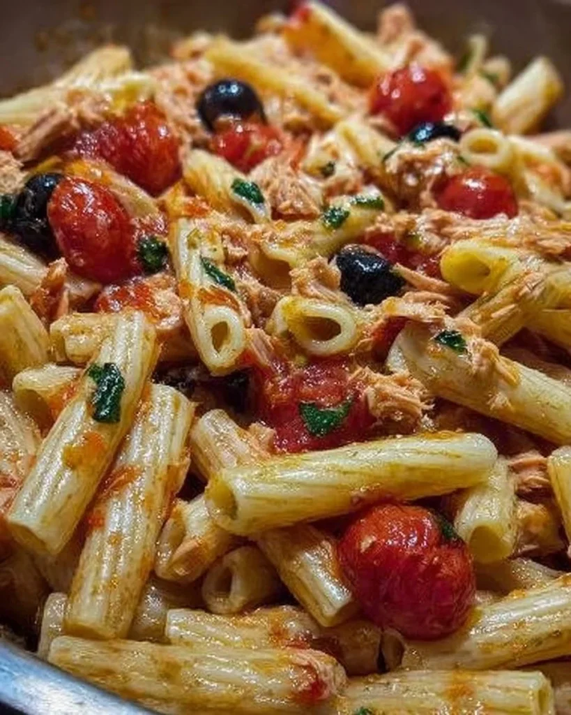 Penne rigate con tonno e pomodorini nel piatto, piatto italiano gustoso