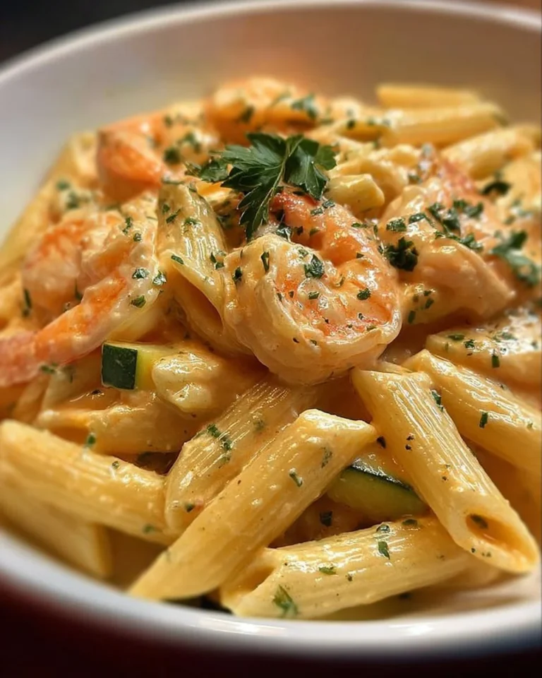 Penne Rigate con Zucchine, Gamberetti e Philadelphia al Salmone in un piatto gourmet