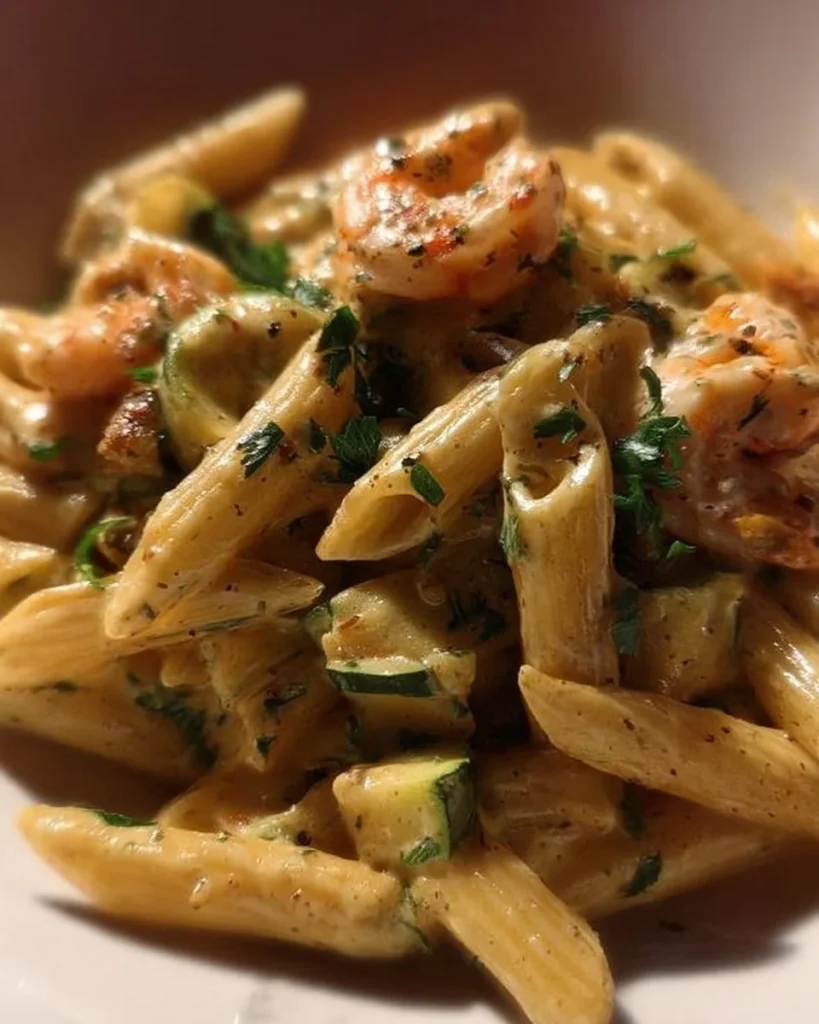 Penne rigate con zucchine, gamberetti e philadelphia affumicata servite in un piatto