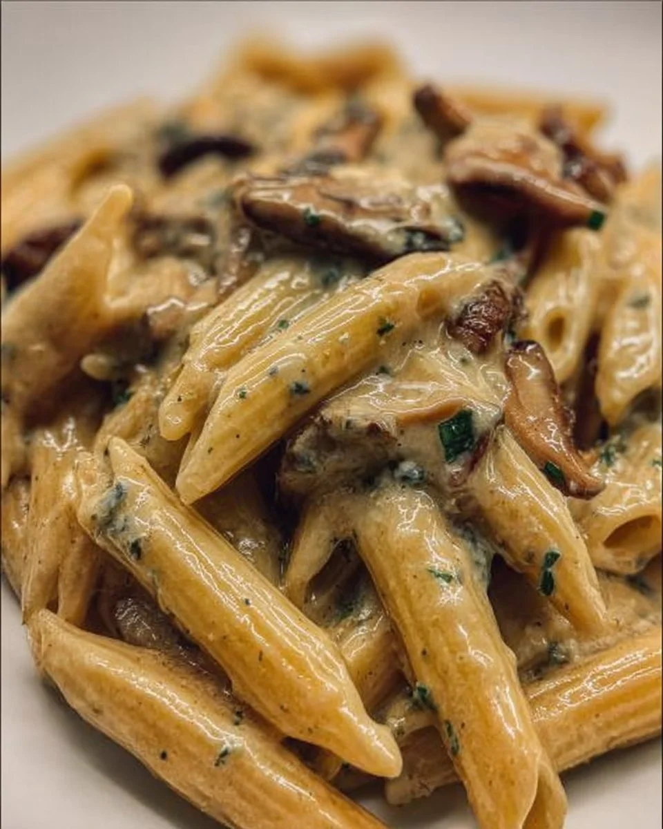 Penne Rigate con Gorgonzola e Funghi Porcini in un piatto gustoso.