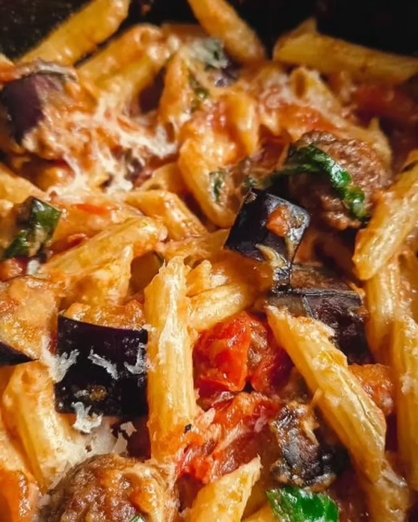 Pasta penne con salsiccia e melanzane in un delizioso piatto italiano