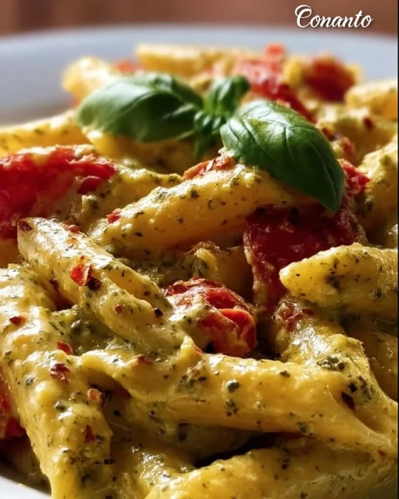 Pennette con crema di pomodoro, Philadelphia e pesto in un piatto gourmet.