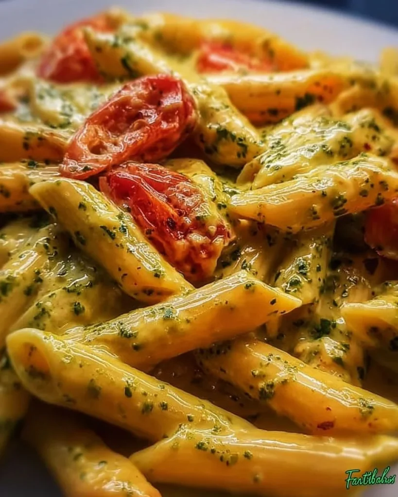 Pennette con crema di pomodori ciliegia e Philadelphia, guarnite con pesto fresco