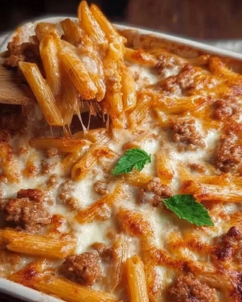 Pennette al forno con salsiccia, besciamella e mozzarella croccante.