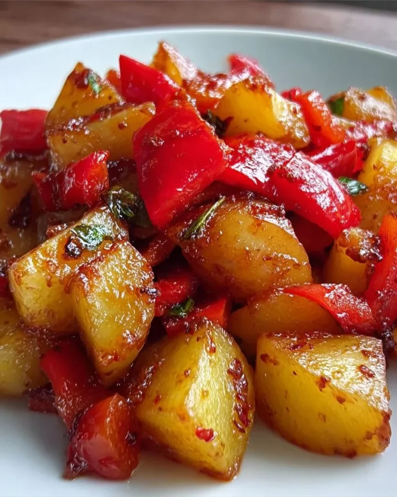 Peperoni e patate cucinati in un piatto colorato e appetitoso