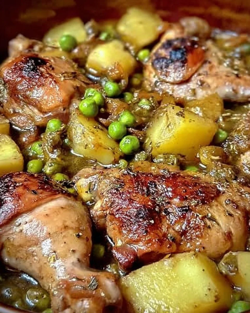 Pollo in umido servito con patate e piselli in un piatto rustico