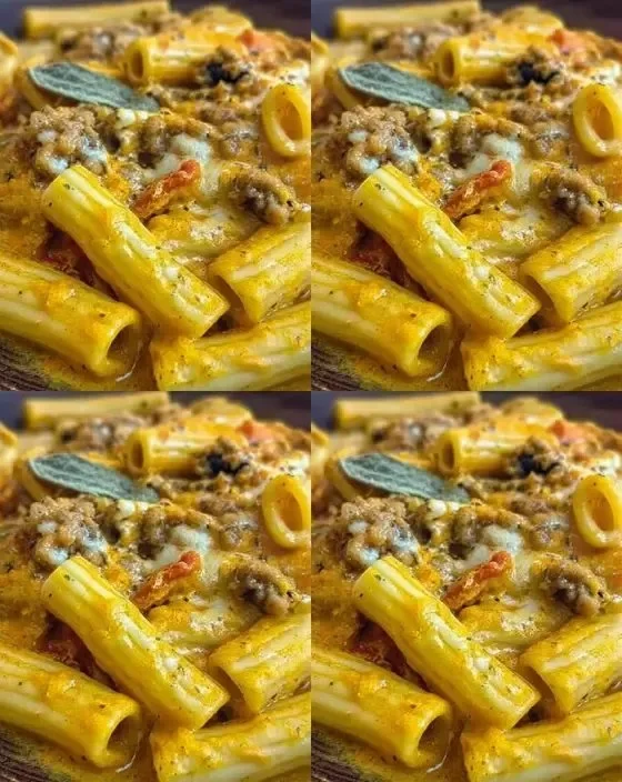 Piatto di rigatoni zucca con salsiccia e provola, un delizioso pasto autunnale.
