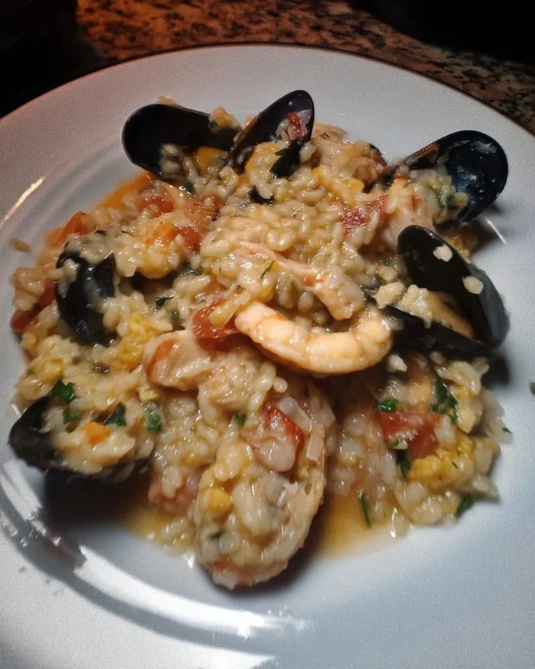 Piatto di risotto alla marinara con frutti di mare freschi e prezzemolo