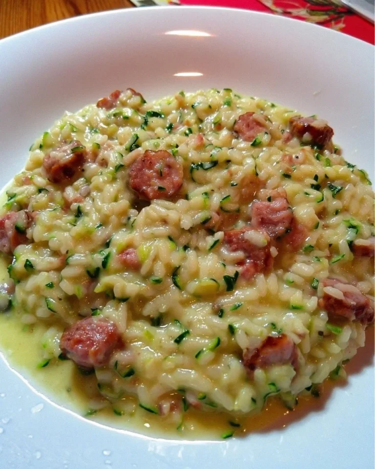 Risotto cremoso con crema di zucchine e salsiccia in un piatto decorativo.