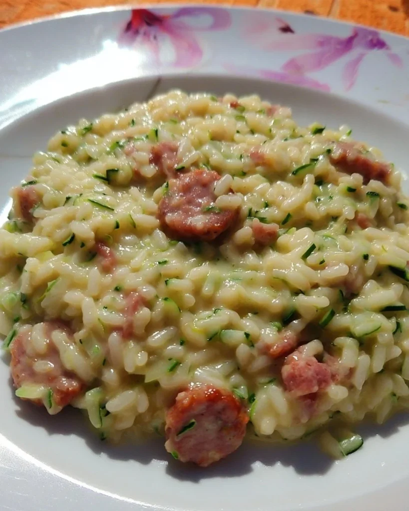 Risotto con crema di zucchine e salsiccia in un piatto elegante